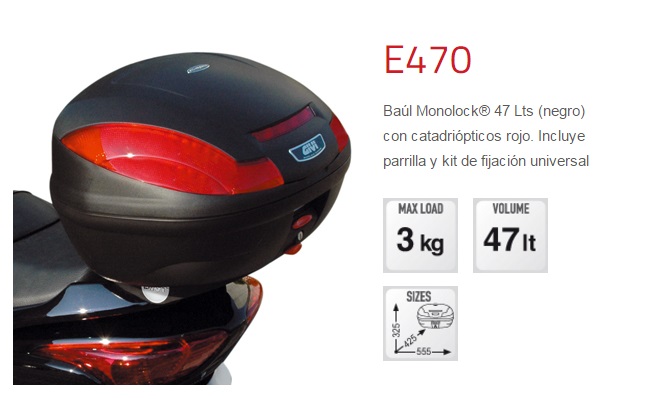 BAULETE MOTO GIVI 47 L. E470N NEGRO CATADIOPTRICO ROJO